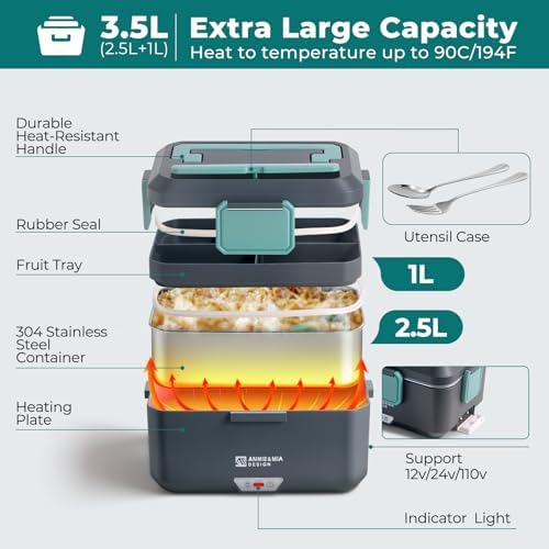 Electric Lunch Box for Adults, 100w 3.5L 2-Layer Portable Food Warmer, Dual Mode 2.5L + 1L Heated Lunch Box for Adults, Home/Car/Office/Truck Use, Lonchera Eléctrica Portátil