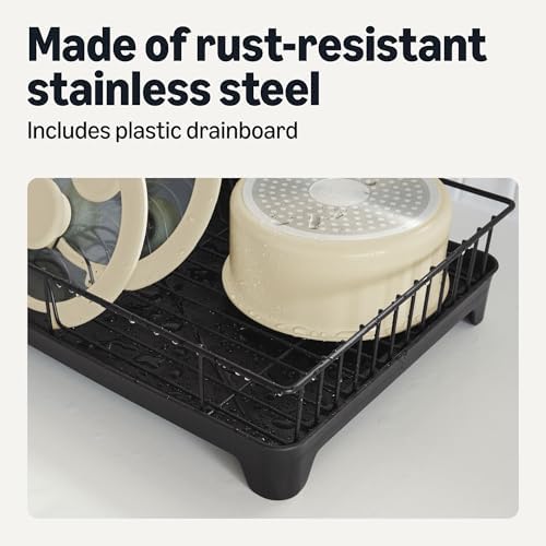 Dish Drying Rack for Kitchen Counter, Stainless Steel Dish Rack with Drainboard, 15.2 x 11.6 x 4 in., Black
