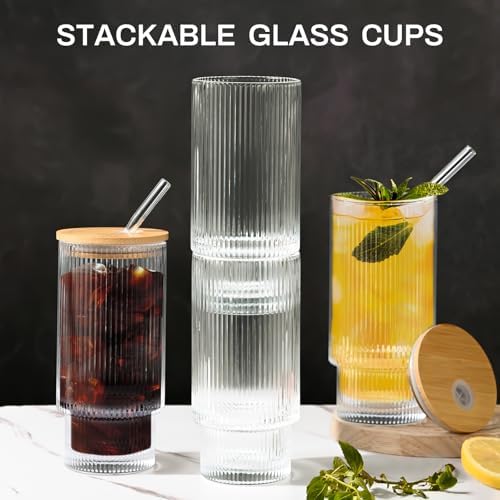 16OZ Ribbed Glass Cups with Lids and Straws,Iced Coffee Cups with Bamboo Lid,Vintage Glassware for Whiskey Cocktail Beer Fruit Juice Glasses Tumbler(2 Pack)