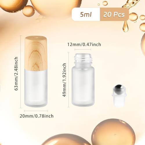 20 Pack 5ml White Frosted Glass Roller Bottles with Wood Grain Caps Roll-On Containers for Essential Oils and Serums - Image 2