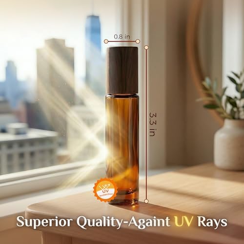 PrettyCare 4 Pack, 10 ml Essential Oil Roller Bottles with Stainless Steel Roller Ball - Refillable Leak-proof Empty Thick Amber Glass Roll on Bottles with Wooden Caps for Travel, Perfume - Image 4