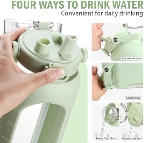 64oz Glass Water Bottles with Straw Time Marker Half Gallon Large Motivational Water Bottle with Silicone Sleeve 2 Liter Large Glass Water Jug for Gym, Sports& Workout, Daily, Green