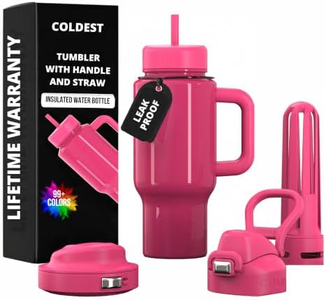 Coldest Tumbler with Handle & Coffee Lid - 100% Spill Proof Tumbler (3 Lids) - Stainless Steel Insulated Leakproof Tumblers for Women & Men - Cup Holder Friendly - 24 oz (Glossy Pink) by Coldest