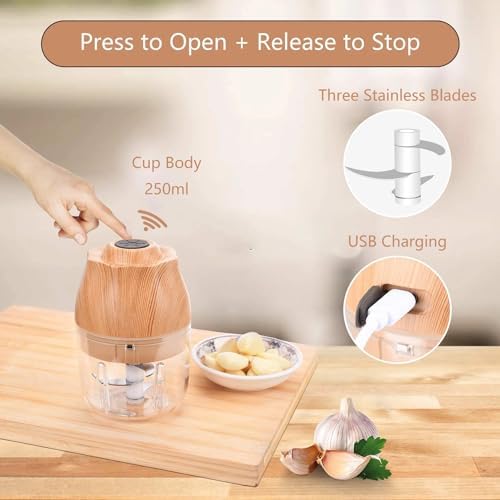Electric Garlic, Fruit, and Vegetable Mini Food Chopper: Compact Wireless Processor Ideal for Ginger, Chili, Meat, and More, 250ML, Wood - Image 4