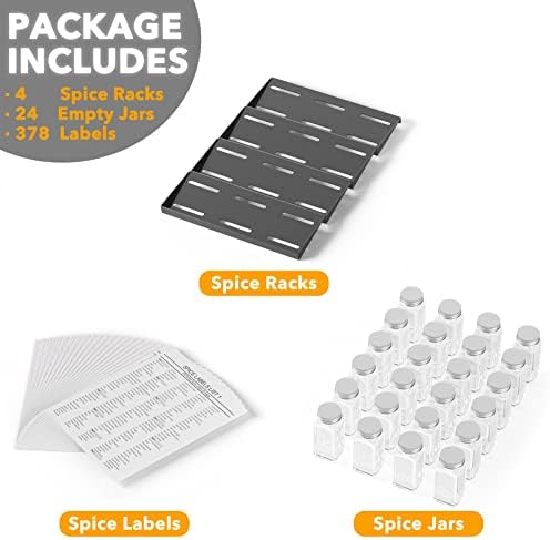 Spice Drawer Organizer with 24 Spice Jars, 378 White Minimalist Spice Labels, 4 Tier Seasoning Rack Tray Insert for Kitchen Drawers, 11.25" Wide x 17.5" Deep