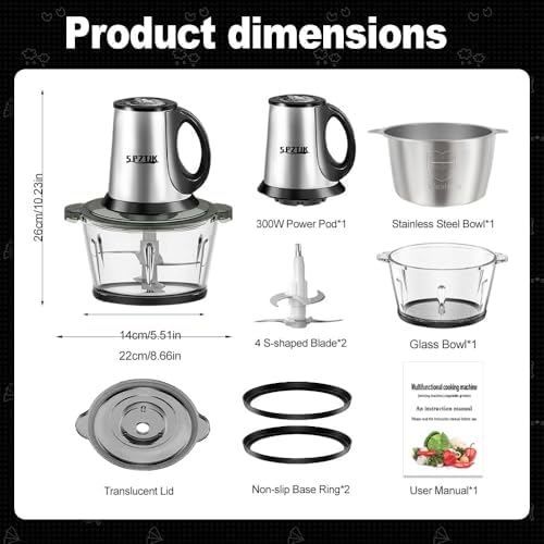 3-Speed Electric Food Processor: Meat Grinder, Vegetable Chopper & Baby Food Maker - 300W, 2 Bowls (8 Cup Stainless Steel+8 Cup Glass), Quiet Operation
