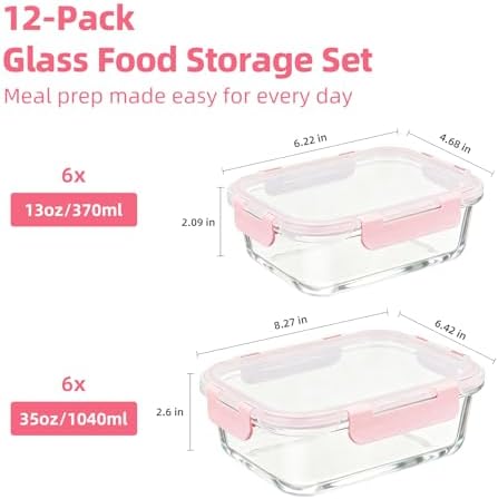 Pink Glass Food Storage Containers with Lids, Meal Prep, 12 Pack