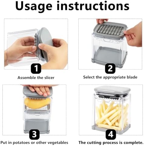 7-in-1 French Fry Cutter, Manual Vegetable Chopper with Storage Container and 4 Blades, Multi Functional Potato Onion Dicer Slicer for Kitchen