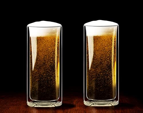Double Wall Insulated Glass Tumbler, 16oz (450ml) Highball Glass Cups for Beer, Lemonade, Iced Tea, Tropical Drink, Cocktail, Smoothie, Mojito and Mixed Drinks, Set of 2 - Collins Style