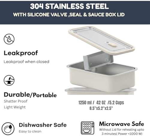 Leak proof Stainless Steel 42 OZ Bento Box Adult, Metal Lunch Container