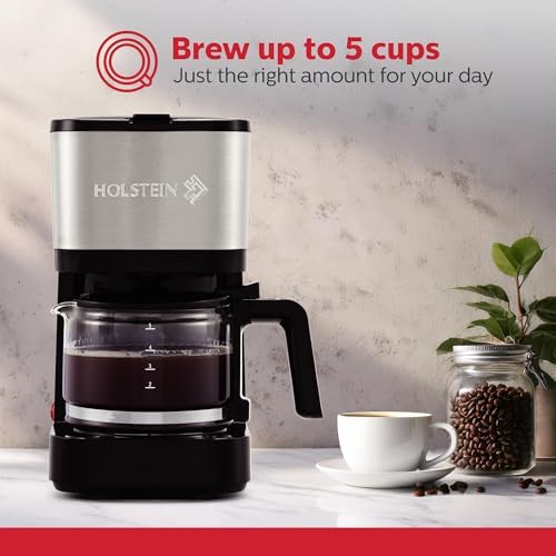 Holstein Housewares 5 Cup Coffee Maker – Compact Drip Coffee Machine with Auto Pause & Serve, Reusable Filter, Glass Carafe, Water Window & Warming Plate, Black - Image 2