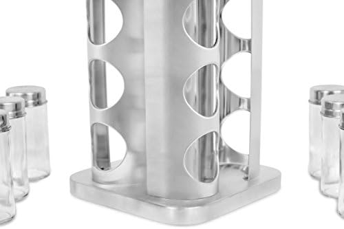 Revolving Spice Rack - Seasoning Storage with 16 Jars - Modern Stainless Steel Spinning Tower for Kitchen Countertop - Rotating Spice and Pantry Holder with Pre-Printed Labels - Square