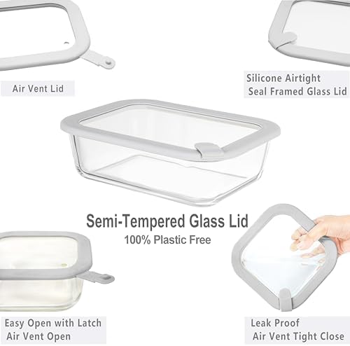 Glass Food Containers with Glass Lid, Microwave Safe Food Storage Container Set, 4 Pack of 35oz, Large Size Airtight Storage Set with Leak Proof Lids, Meal Prep Containers