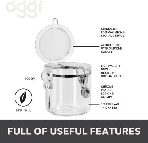 Oggi 4pc Clear Canister Set with Clamp Lids & Spoons - Airtight Food Storage Containers, Ideal for Kitchen & Pantry Storage of Bulk, Dry Food Including Flour, Sugar, Coffee, Rice, Tea, Spices & Herbs