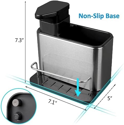 Soap Dispenser for Kitchen Sink, 3-in-1 Sponge Holder for Kitchen Sink Caddy, Stainless Steel Kitchen Sink Organizer Tray Drainer Rack, Rustproof Dish Soap Dispenser Brush Holder Countertop