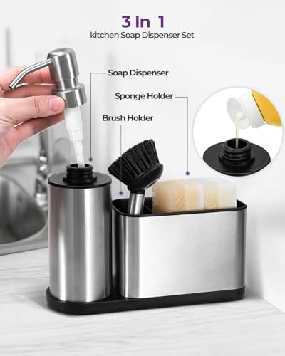 Kitchen Sink Caddy Organizer Stainless Steel Dish Soap Dispenser Set-3 in 1