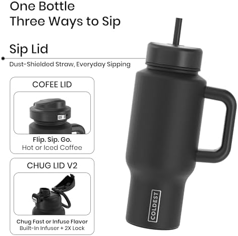 Coldest Tumbler with Handle and Coffee Lid - 100% Spill Proof Tumbler with Straw (3 Lids) - Stainless Steel Insulated Leakproof Tumblers for Women & Men - Cup Holder Friendly - 24 oz (Stealth Black) - Image 2