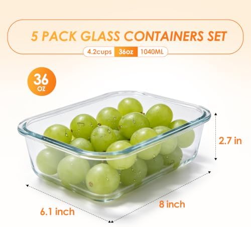 5 Pack 36oz Glass Storage Containers with Lids, Grey