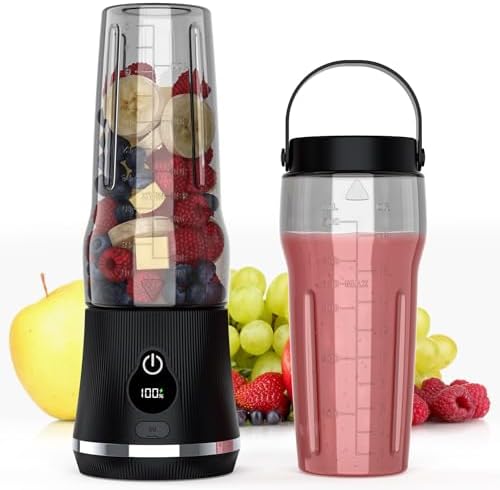 Portable Blender, USB-C Rechargeable Personal Blender, 17oz Small Smoothie & Shake Maker with 6 Blades, Compact Travel Cup with LED Display & Extra Lid for Home, Gym, Office by Unknown