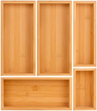 Bamboo drawer organizer Set,expandable drawer dividers,wooden storage organizers,drawer organizers for kitchen, bathroom,flatware,Tea Bag Organizer (1 X 5PCS Natural)