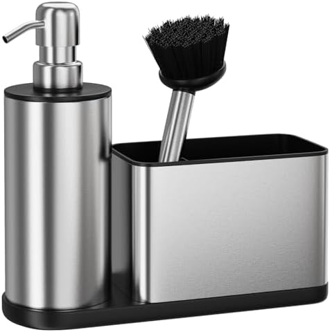 Kitchen Sink Caddy Organizer Stainless Steel Dish Soap Dispenser Set-3 in 1