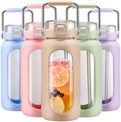 64oz Water Bottle Glass with Stainless Steel Handle Large Water Bottle with Time Markers and Silicone Sleeve Half Gallon Water Jug BPA Free for Gym Daily Use, Amber