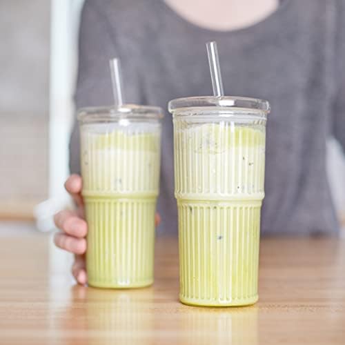 All Glass Iced Coffee Cup with Lid and Straw, Ribbed Glass Tumbler Set of 2 (22 oz ribbed)