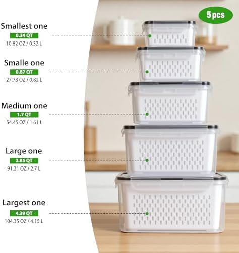 5 PCS Fruit Storage Containers for Fridge, Leakproof Produce Containers