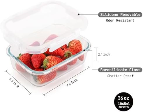 5 Pack 36 Oz Glass Meal Prep Containers with Lids, Reusable Glass Food Storage Containers with Lids, Leak Proof, Microwave, Oven, Freezer and Dishwasher Safe (White)