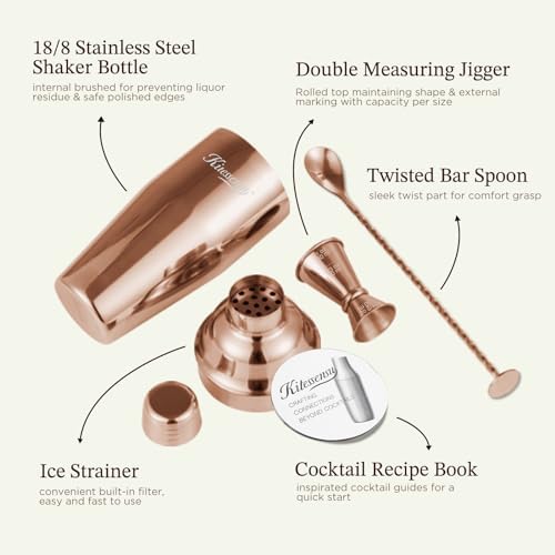 Cocktail Shaker Set, Stainless Steel Bartending Kit with 25 Ounce Cocktail Shaker with Built in Drink Strainer, Measuring Jigger, Mixing Spoon & Drink Recipe Guide, Rose Gold