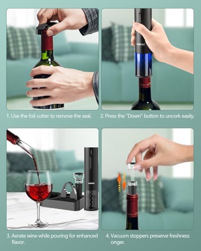Electric Wine Opener Gift Set – Rechargeable Automatic Corkscrew with Aerator, Vacuum Seal Stoppers, Foil Cutter & Storage Base – 6-in-1 Wine Bottle Opener Kit for Wine Lovers, Women & Men