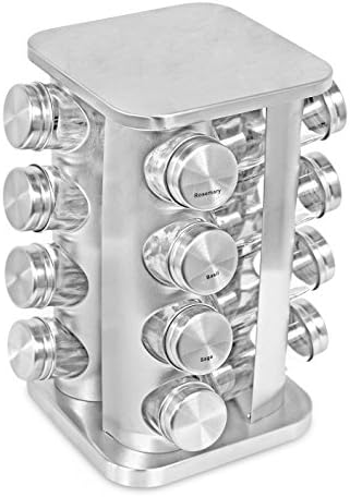 Revolving Spice Rack - Seasoning Storage with 16 Jars - Modern Stainless Steel Spinning Tower for Kitchen Countertop - Rotating Spice and Pantry Holder with Pre-Printed Labels - Square