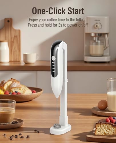 Milk Frother Handheld: LED & Wireless Charge, 3 Heads 3 Speeds -Cloud White - Image 2
