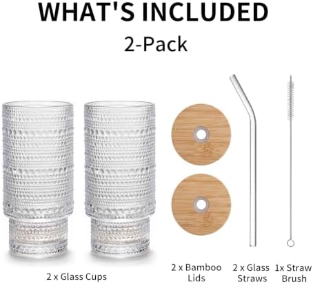 Glass Cups with Lids and Straws, 2 Pack 16 oz Hobnail Iced Coffee Cups with Bamboo Lids, Vintage Borosilicate Glass Tumblers for Water, Juice, Smoothies and Matcha