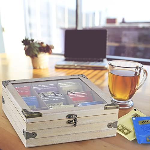 Wood Tea Box Organizer, Tea Storage Chest with Glass Lid, 9 Compartments, Tea Bag Holder for Cabinet, Pantry