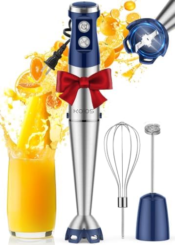 KOIOS Immersion Blender, 1000W Anti-scratch 3-in-1 Hand Blender, Upgraded 12 Speed Stainless Steel Blade Stick Blender with Turbo Mode, Whisk and Milk Frother, Non-BPA, Blue by KOIOS