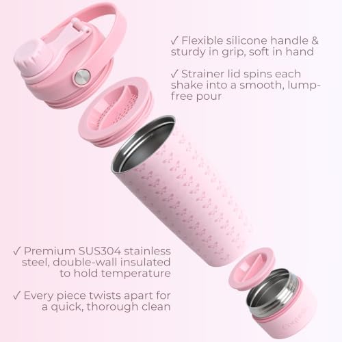 Elanelle 20oz Insulated Stainless Steel Shaker Bottle with Storage Base, Strainer Lid Protein Shaker Cup for Gym, Ball-Free Quiet Mixing, Carry Handle, BPA-Free, Pink (Candy Bow) - Image 2