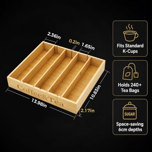 Premium Bamboo Coffee Station & Tea Bag Organizer Box -7 Adjustable Slots with Removable Dividers, Silicone Non-Slip Pads - Eco-Friendly Countertop & Drawer Storage for K-Cups, Office Breakroom