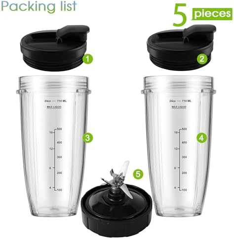7-Fin Blender Replacement Parts for Ninja BL480 BL640 BL642 – 24oz Cup with Lid and Blade, Fits 7-Fin Drive Systems Only