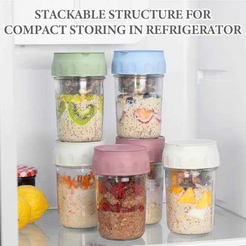 4 Pack Overnight Oats Containers with Lids, Folding Spoons and Divided Compartments for Fruit & Nuts, Small Glass 16oz Mason Jars for Oatmeal (4 Set-Oat White/Green/Rose/Blue)