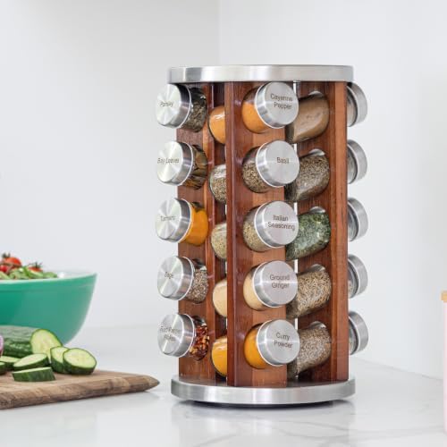 20 Jar Rotating Dark Acacia Wood Spice Rack with Spices Included & 5-Year Spice Refill Program – Rustic Wood Countertop Spice Rack with Glass Jars