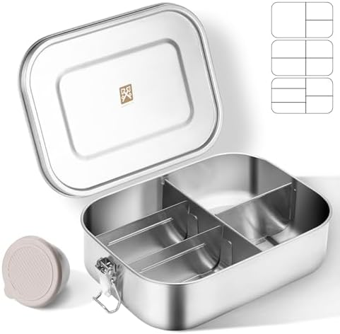 47QZ Stainless Steel Bento Box with 5 Compartments,1400ml Large & Thickened Metal Lunch Box for Kids or Adults,Eco-friendly Leak-Proof Container with Lockable Clips
