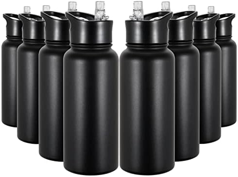 32 oz Insulated Water Bottle Bulk 8 Pack, Stainless Steel Sports Water Bottles with Straw Lid & Wide Mouth Lids, Double Walled Vacuum, Leak Proof, Black