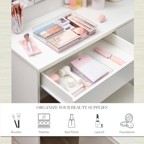 SimpleSort 2-Piece Stackable Clear Drawer Organizer Set | 15" x 6" x 2" Rectangle Trays | Wide Makeup Vanity Storage Bins and Office Desk Drawer Dividers | Made in USA