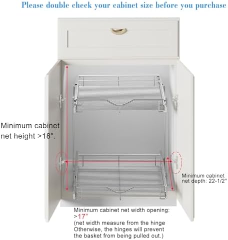 2 Tier Pull Out Cabinet Organizer (17" W X 21" D), Double Tier Wire Basket Slide Out Shelf Storage for Kitchen Base Cabinet, Chrome Finish
