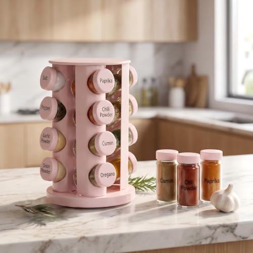 Pink Rotating Spice Rack with 16 - Empty Jars and Labels