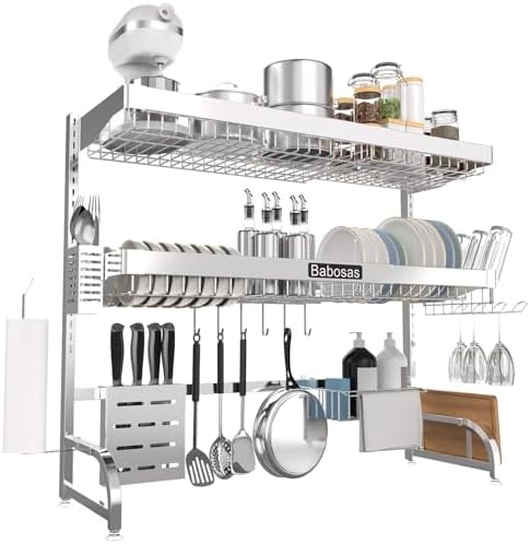 Over The Sink Dish Drying Rack,3 Tier Adjustable Length (25.5'' to 37.4'') Full Stainless Steel Large Storage Kitchen Dish Rack,For Kitchen Counter Expandable Multifunctional Organizers,Silver