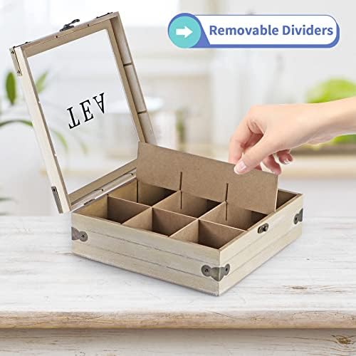 Wood Tea Box Organizer, Tea Storage Chest with Glass Lid, 9 Compartments, Tea Bag Holder for Cabinet, Pantry