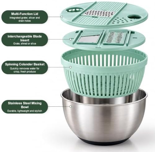 Stainless Steel Salad Spinner & Mandoline Slicer, 6 Blades, Mixing Bowl