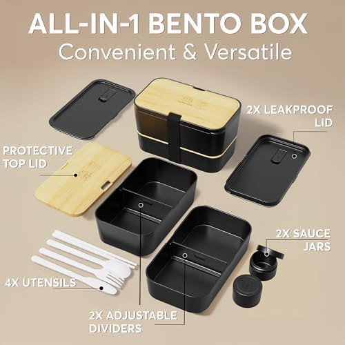 Bento Box Adult, Stackable Lunch Box, 50 oz, Black& Bamboo